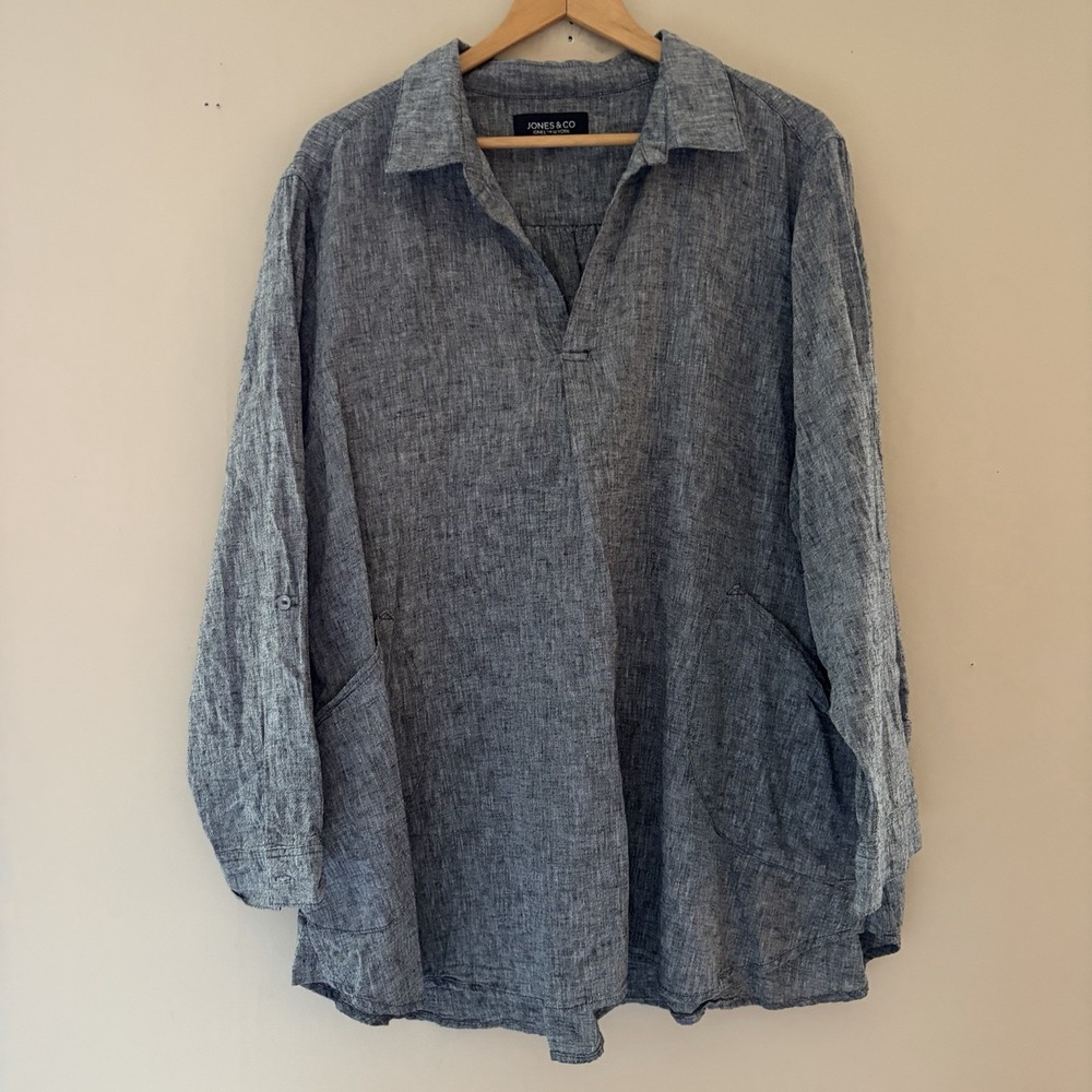 Jones &Co Womens Linen Blend Tunic Top Size 3x Gray Collared Pockets Coastal